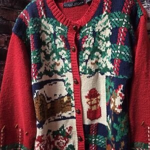 VINTAGE Knit Ladies Festive Red Holiday Sweater Cardigan BIRCH BROTHERS Medium